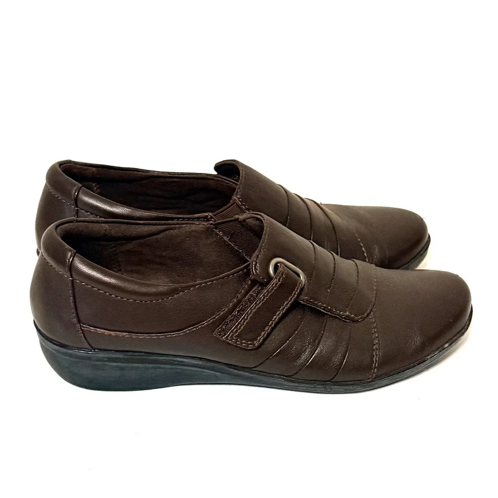 Clarks Collection Everlay Luna Shoes Sz 6 Brown Leather Hook Loop Strap Slip On
